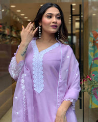 Lavender Chanderi Kurta Set with Embroidered Dupatta