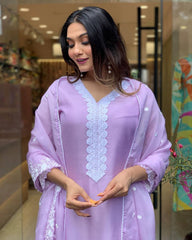 Lavender Chanderi Kurta Set with Embroidered Dupatta