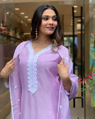 Lavender Chanderi Kurta Set with Embroidered Dupatta