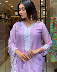 Lavender Chanderi Kurta Set with Embroidered Dupatta