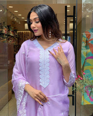 Lavender Chanderi Kurta Set with Embroidered Dupatta