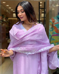 Lavender Chanderi Kurta Set with Embroidered Dupatta