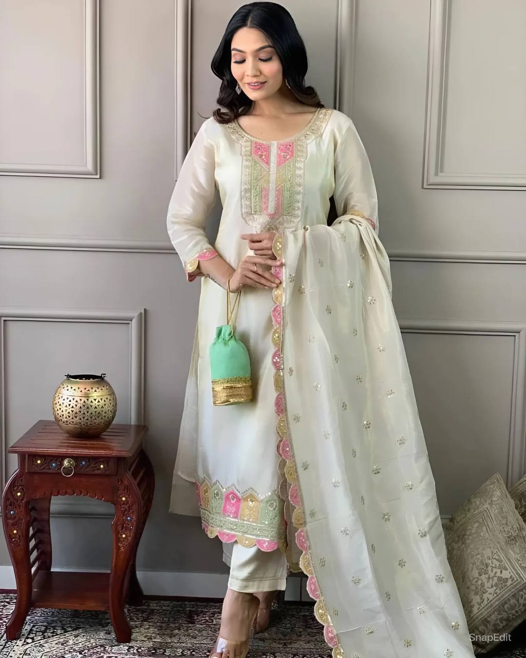 Off-White Kurta Set with Pink  Green Detailing