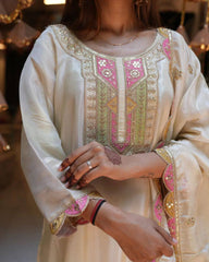 Off-White Kurta Set with Pink  Green Detailing