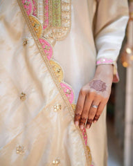 Off-White Kurta Set with Pink  Green Detailing