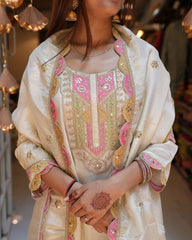 Off-White Kurta Set with Pink  Green Detailing