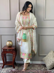 Off-White Kurta Set with Pink  Green Detailing