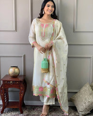 Off-White Kurta Set with Pink  Green Detailing