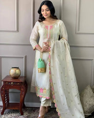 Off-White Kurta Set with Pink  Green Detailing