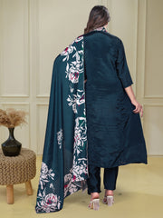 Olive Green Anarkali Kurta Set with White Floral Embroidery