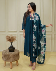 Olive Green Anarkali Kurta Set with White Floral Embroidery