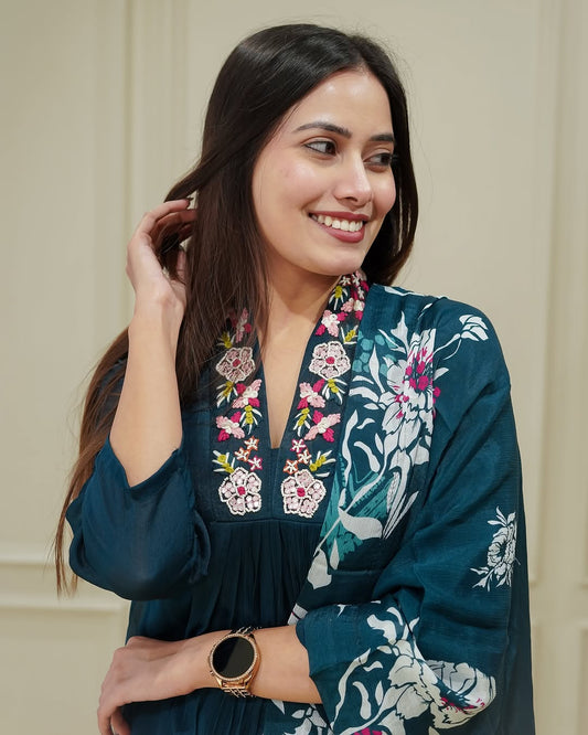 Olive Green Anarkali Kurta Set with White Floral Embroidery