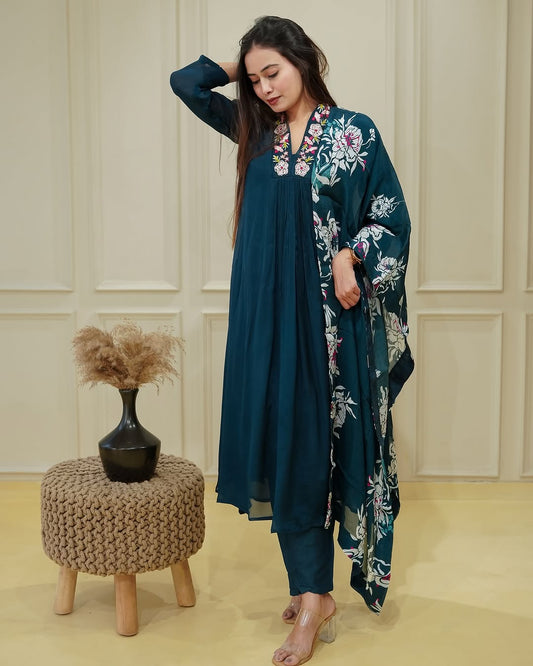 Olive Green Anarkali Kurta Set with White Floral Embroidery