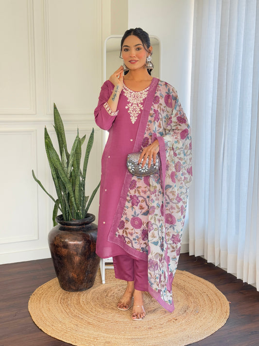 Mauve Pink Kurta Set with Floral Print Dupatta