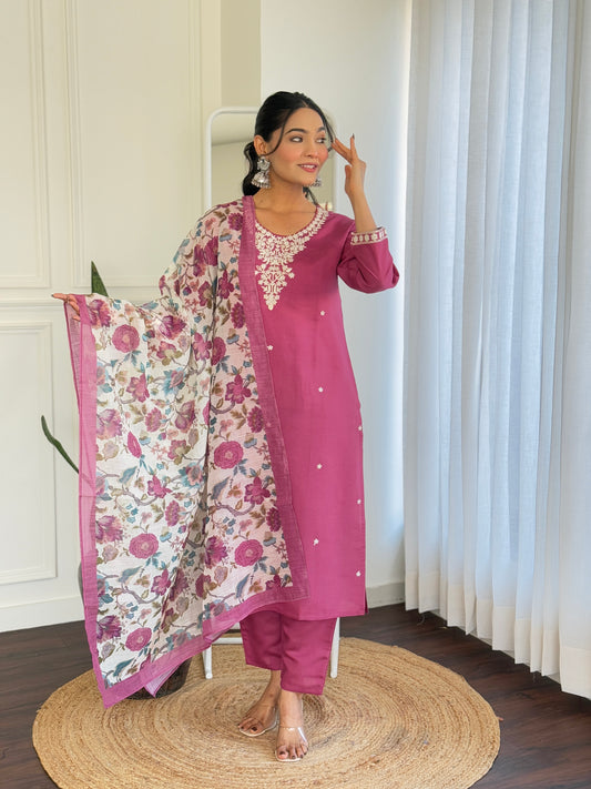 Mauve Pink Kurta Set with Floral Print Dupatta