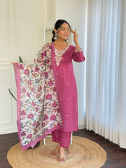 Mauve Pink Kurta Set with Floral Print Dupatta