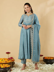 Powder Blue Silk Kurta Set with Embroidered Dupatta