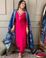 Pink Kurta Set with Navy Blue Banarasi Dupatta