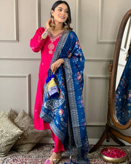 Pink Kurta Set with Navy Blue Banarasi Dupatta