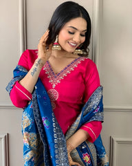 Pink Kurta Set with Navy Blue Banarasi Dupatta