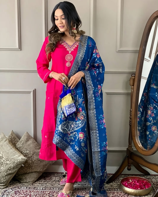 Pink Kurta Set with Navy Blue Banarasi Dupatta
