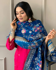 Pink Kurta Set with Navy Blue Banarasi Dupatta